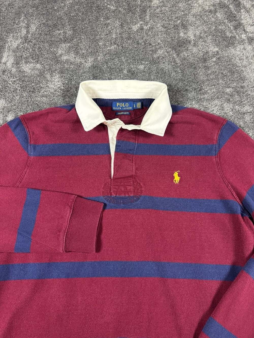 Polo Ralph Lauren Rugby Shirt Size L Burgundy Navy Striped Long Sleeve
